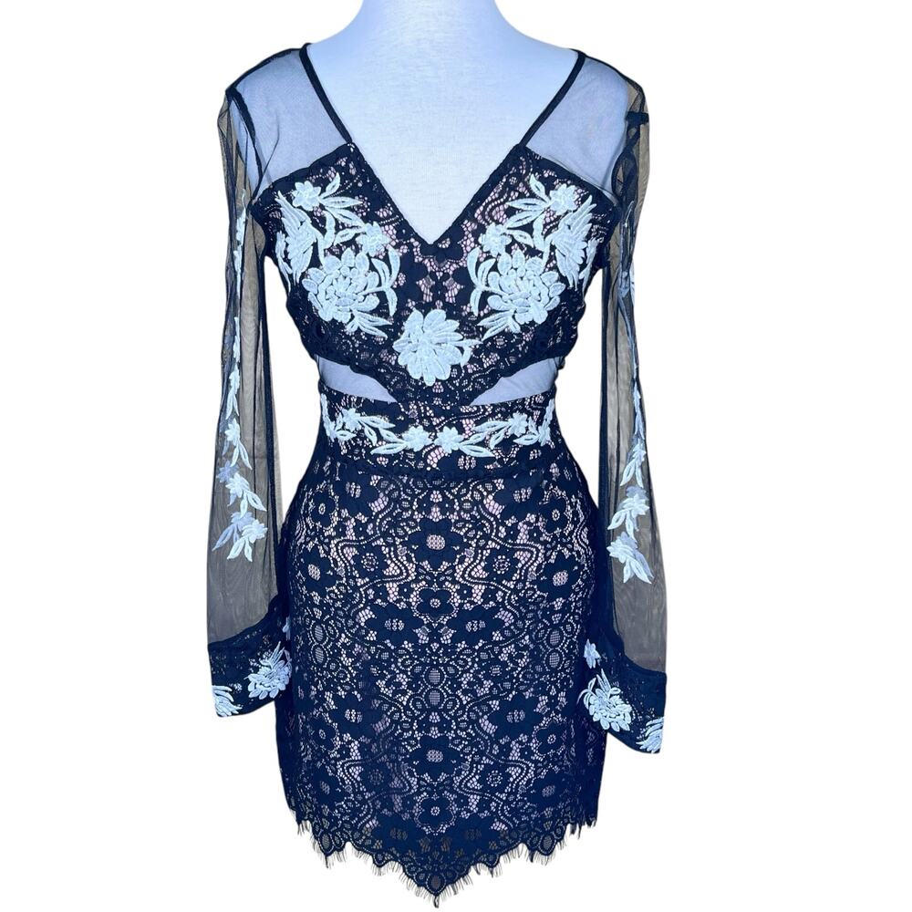 Sugar + Lips Black Sheer Lace Dress with Sheer Cut-Outs & Embroidery XS NWT